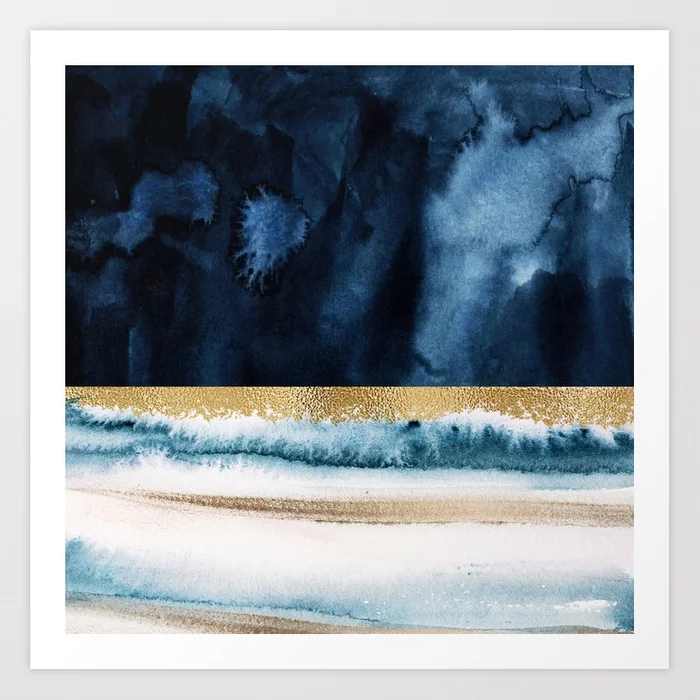 Navy Blue, Gold And White Abstract Watercolor Art Art Print