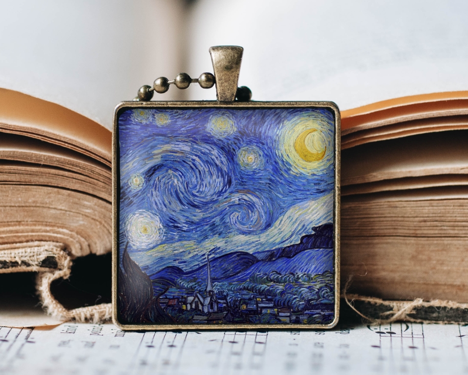 Starry Night Necklace: handmade art pendant, Starry Night jewelry, Blue Night Sky Art Gift